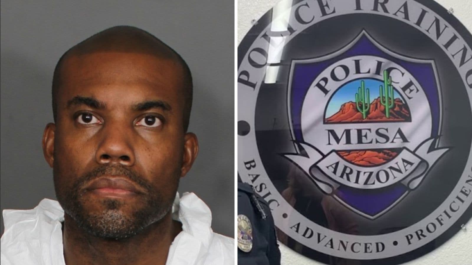 Mugshot of the man arrested in Mesa shown beside a Mesa Police Department emblem; police say scene evidence and medical examiner findings provided probable cause for the arrest.