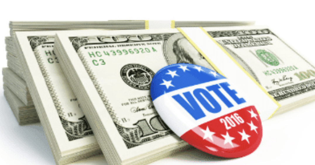Stacks of cash with a voter button, illustrating campaign fundraising as the Tribune reports Bongiovanni led the race for campaign contributions.