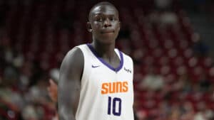 Phoenix Suns player in a white Summer League jersey on the court — one of the players included on the Suns’ 2026 Summer League roster.