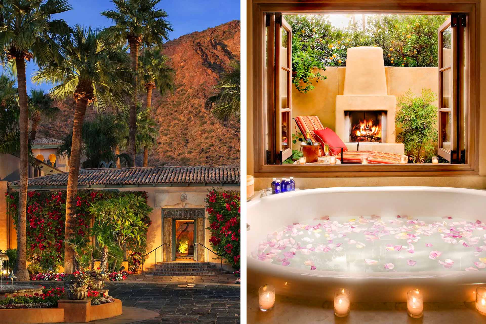 Palm-fringed resort facade and a petal-strewn bathtub with fireplace — illustrating the luxury accommodations and spa treatments featured in Arizona’s top wellness retreats.