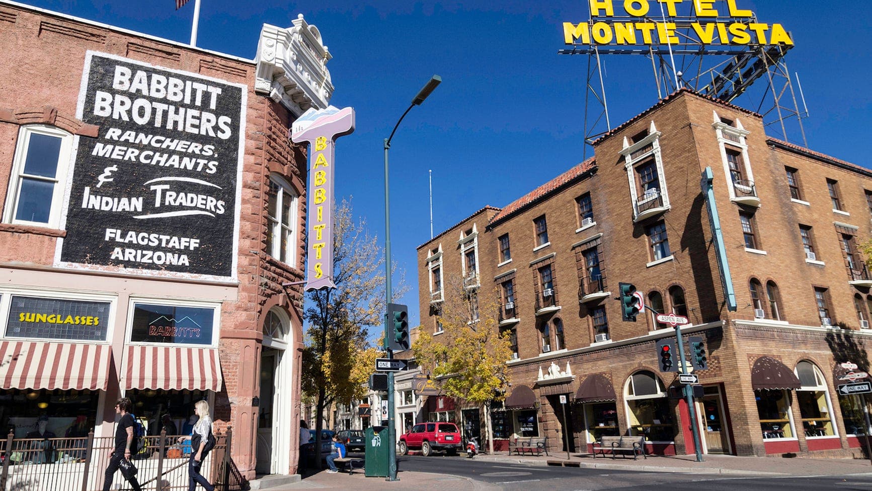 Downtown Flagstaff with the Babbitt Brothers sign and Hotel Monte Vista — Flagstaff was named Arizona’s least affordable housing market in the Compare the Market study.