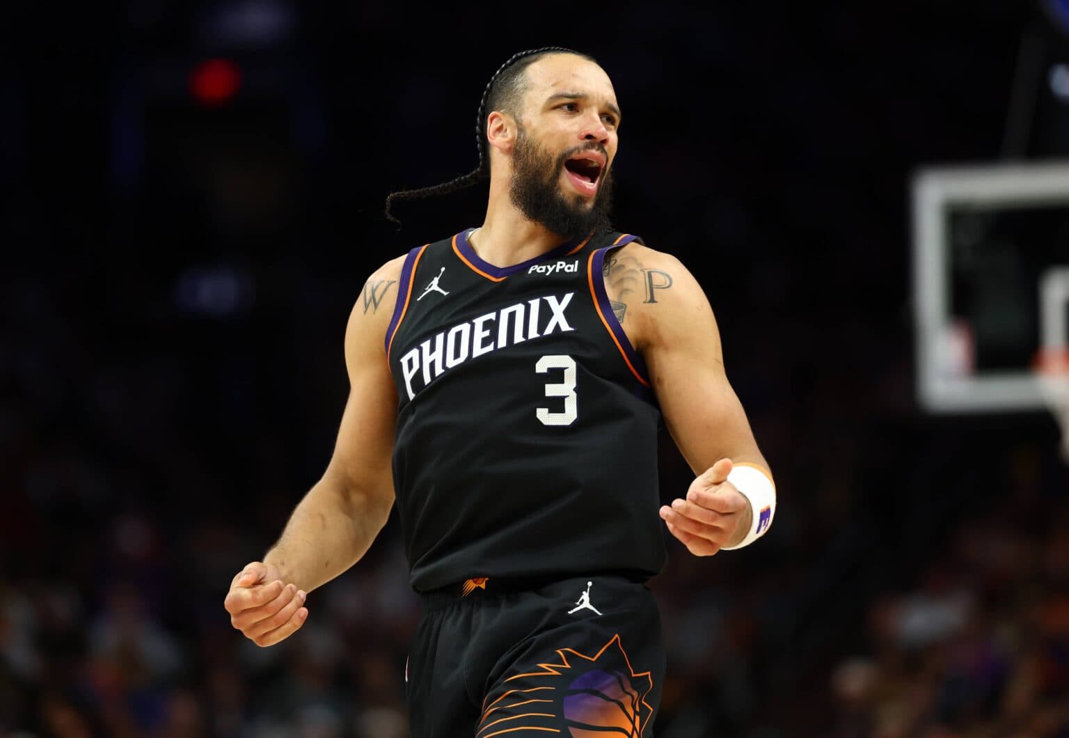 Phoenix Suns forward (No. 3) reacts during Game 4 of the 2026 first-round playoff series against the Oklahoma City Thunder; the forward has signed a three-year, $73 million extension to remain with the Suns through the 2029–30 season.